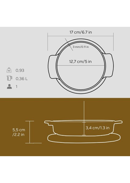 Döküm Yuvarlak Güveç Kabı Döküm Demir Yekpare Çift Kulplu Kayın Servis Ahşabı Çap(Ø)14cm.