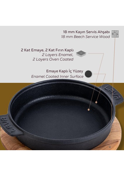 Döküm Yuvarlak Güveç Kabı Döküm Demir Yekpare Çift Kulplu Kayın Servis Ahşabı Çap(Ø)14cm.