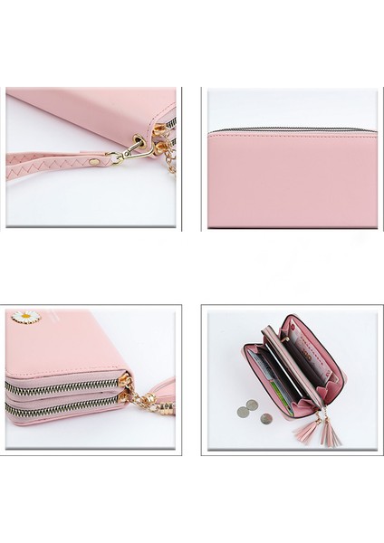 Bayanlar Uzun Cüzdan Çift Fermuarlı Clutch Öğrenci Bilek Kayışı Çift Katmanlı Büyük Kapasiteli Cep Telefonu (Yurt Dışından)
