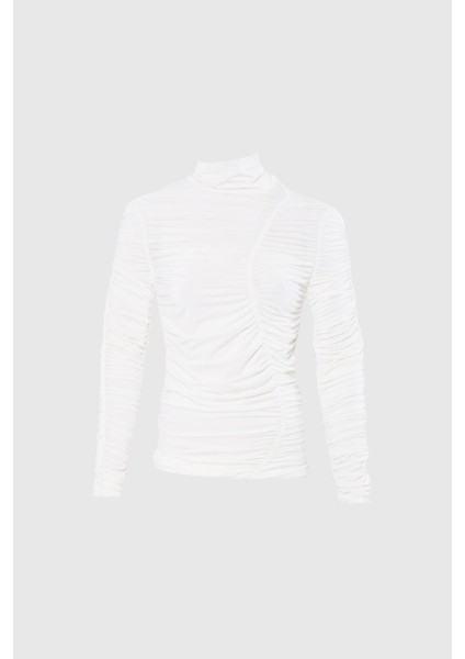 Büzgü Detaylı Jarse Ekru Bluz