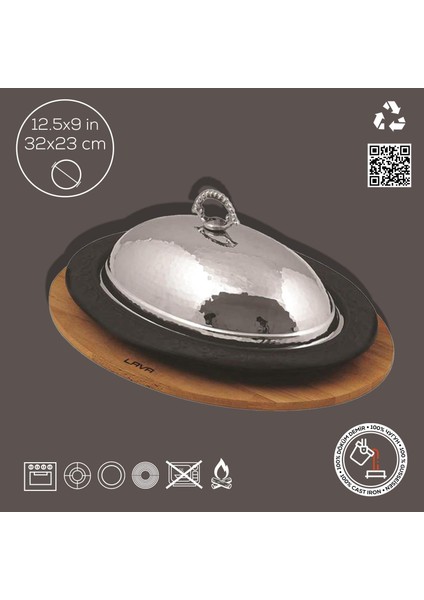Döküm Oval Döner, Kebap Tabağı ve Bakır Dövme Kapağı, Ahşap Altlıklı. Ölçü 32X23CM.