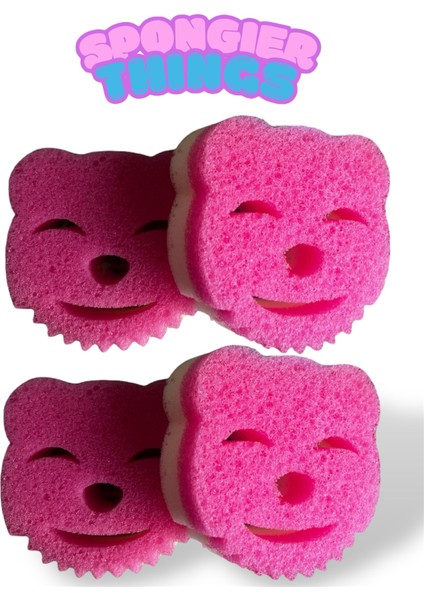 Avantajlı Paket 4’lü Pembe Scrub + Sponge Çift Taraflı Ovucu Bulaşık Süngeri, Gülen Kedi Yüz Sünger