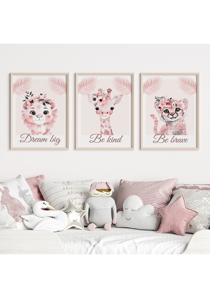 Pembe Hayvanlı 3'lü Motivasyon Seti, Bebek ve Çocuk Odası Tablosu