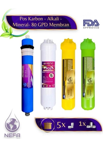 Tüm Arıtma Cihazlarına Uyumlu Post Karbon - Alkali - Mineral-80 Gpd Membran 4'lü Su Arıtma Filtresi