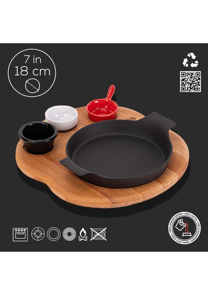 Döküm Yuvarlak Sahan Döküm Demir Yekpare Çift Kulplu Kayın Servis Ahşabı. Çap(Ø)18cm. (Sos kapları dahil değildir.)