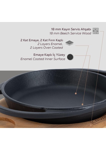 Döküm Yuvarlak Sahan Döküm Demir Yekpare Çift Kulplu Kayın Servis Ahşabı Çap(Ø)20cm.