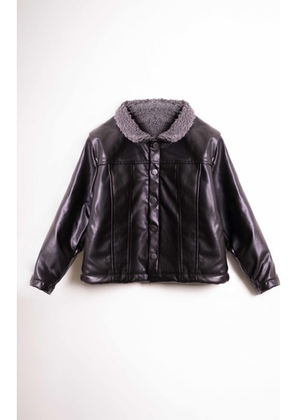 Unisex Çocuk Oversize Kalıp Içi Pelüşlu Deri Mont - Siyah (3-4 Yaş 8-9 Yaş)