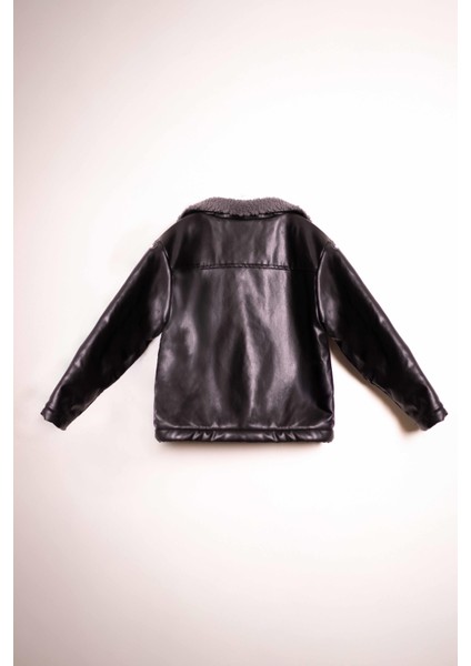Unisex Çocuk Oversize Kalıp Içi Pelüşlu Deri Mont - Siyah (3-4 Yaş 8-9 Yaş)