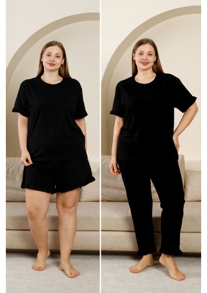 %100 Pamuk Büyük Beden 3 Parça Fırfırlı Kadın Pijama Takımı