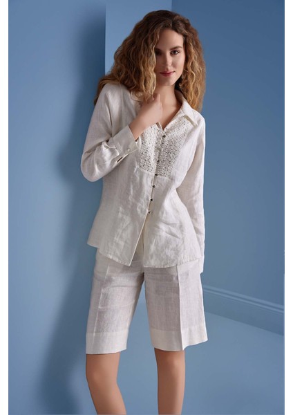 Uzun Kollu Ekru Keten Gömlek modelleri
