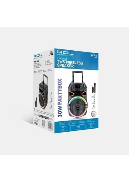 ACS-2 30W 12 inch Hoparlörlü Mikrofonlu, RGB Işıklı Sd Kart USB Parti ve Karaoke Bluetooth Speaker