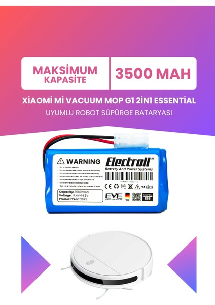 Xiaomi Vacuum Mop G1 2in1 Essential Batarya (Maksimum Kapasite) 3500MAH Robot Süpürge Pili MJSTG1