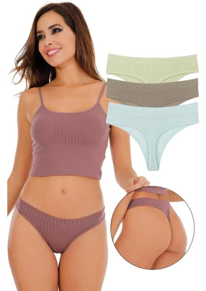 Kadın Fitilli Soft Renkler 3 Lüi Tanga Külot Set - KTS4052