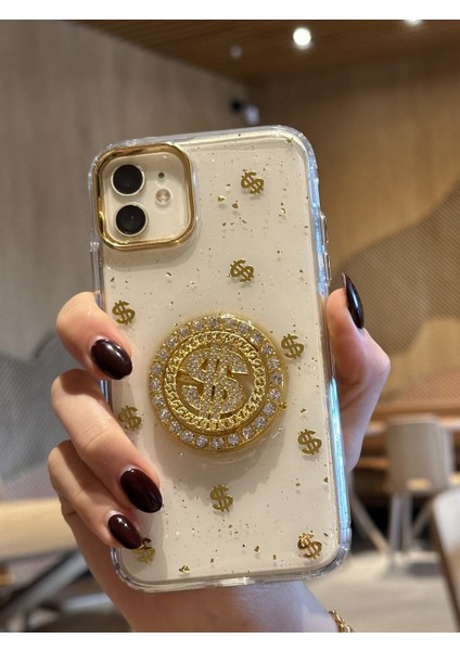 Apple iPhone 12 Uyumlu Dolar Figürlü Taşlı Simli Şeffaf Kılıf