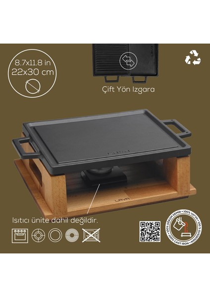 Döküm Dikdörtgen Çift Yön Izgara Hot Plate Döküm Demir Yekpare Çift Kulplu Kayın Servis Ahşabı Ölçü 22x30cm.(Isıtıcı dahil değildir.) fırsatları