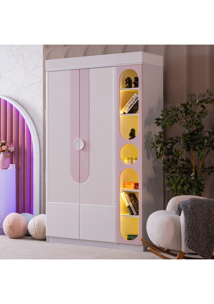 Gardırop, Vira 2 Kapaklı Dolap ve Ledli Kitaplık - Pembe