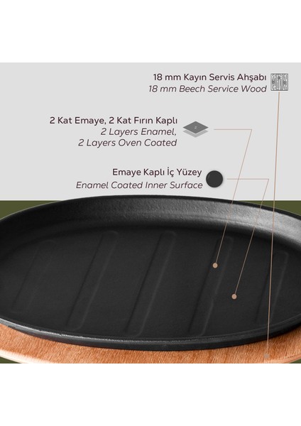 Döküm Oval Fajita Tabağı Kayın Servis Ahşabı Ölçü 18x28cm. (Harici tava tutucu dahil değildir.) fırsatları