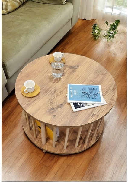 Yuvarlak Orta Sehpa Ahşap Ayaklı Sehpa Iki Raflı Sehpa Dekoratif Sehpa Gazetelikli