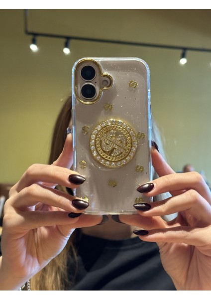 Apple iPhone 16 Plus Uyumlu Dolar Figürlü Taşlı Simli Şeffaf Kılıf indirimleri