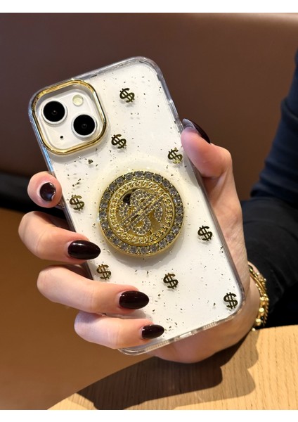 Apple iPhone 13 ve 14 Uyumlu Dolar Figürlü Taşlı Simli Şeffaf Kılıf