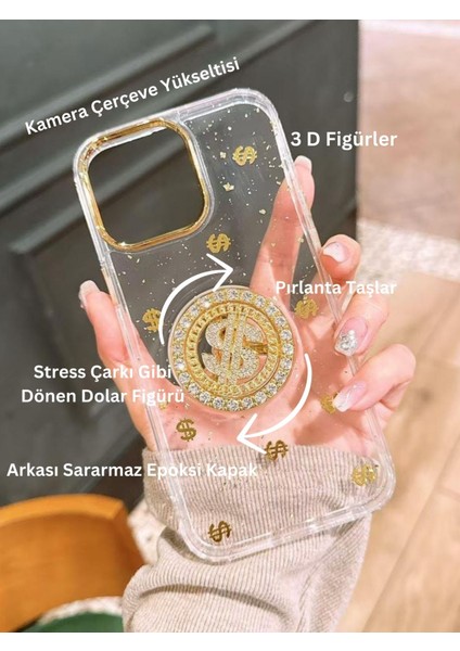 Apple iPhone 13 ve 14 Uyumlu Dolar Figürlü Taşlı Simli Şeffaf Kılıf