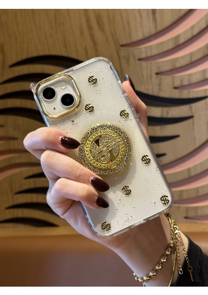 Apple iPhone 13 ve 14 Uyumlu Dolar Figürlü Taşlı Simli Şeffaf Kılıf