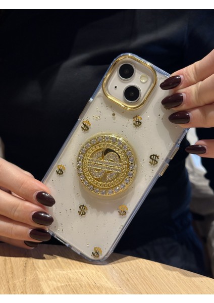 Apple iPhone 13 ve 14 Uyumlu Dolar Figürlü Taşlı Simli Şeffaf Kılıf