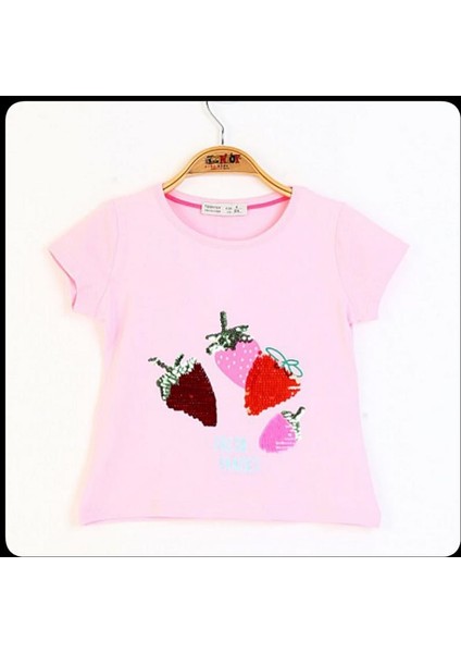 Kız Çocuk Pullu Çiçek Nakışlı Tişört