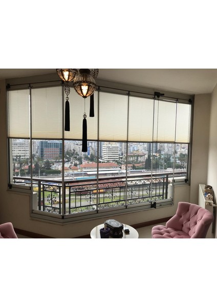 Krem Renk Katlanır Cam Balkon Perdesi-Ofis Perdesi-Ev Perdesi-Salon Perdesi-Plise Perde