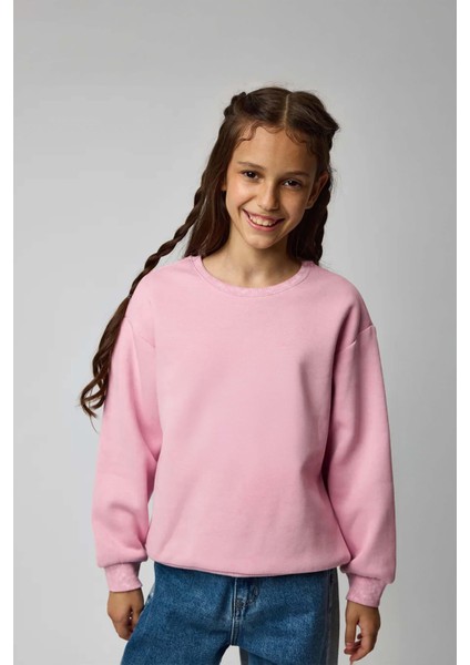 Kız Çocuk Bisiklet Yaka Oversize Sweatshirt - Pembe (2-3 Yaş 7-8 Yaş)