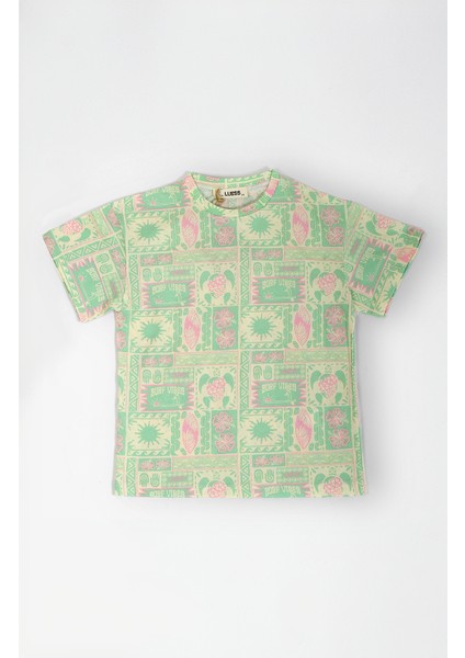 Çocuk Desenli Yeşil Oversize Kısa Kol T-Shirt