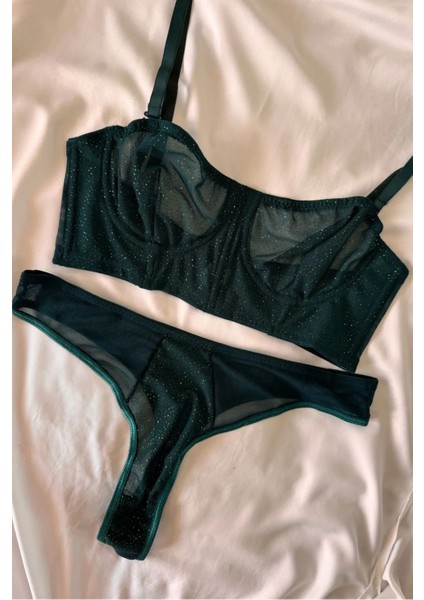 Kadın Yeşil Transparan Balenli Sütyen Külot/tanga Takımı Iç Çamaşırı Simli Takım
