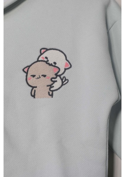 Unisex Çocuk %100 Pamuklu Kedi Nakışlı Kışlık Hırka -Mint (3-4 Yaş 8-9 Yaş)