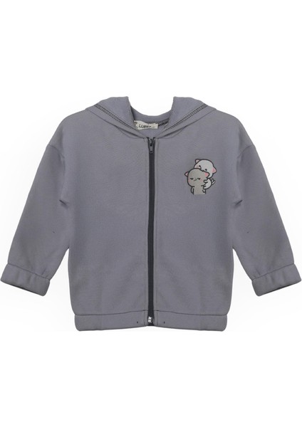 Unisex Çocuk %100 Pamuklu Kedi Nakışlı Kışlık Hırka -Gri(3-4 Yaş 8-9 Yaş)