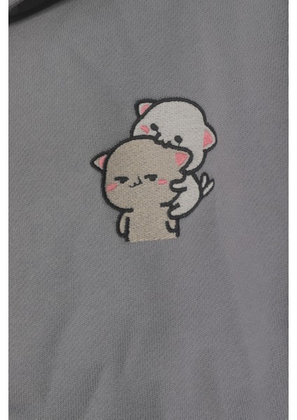 Unisex Çocuk %100 Pamuklu Kedi Nakışlı Kışlık Hırka -Gri(3-4 Yaş 8-9 Yaş)