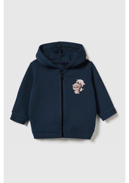 Unisex Çocuk %100 Pamuklu Kedi Nakışlı Kışlık Hırka -Lacivert (3-4 Yaş 8-9 Yaş)