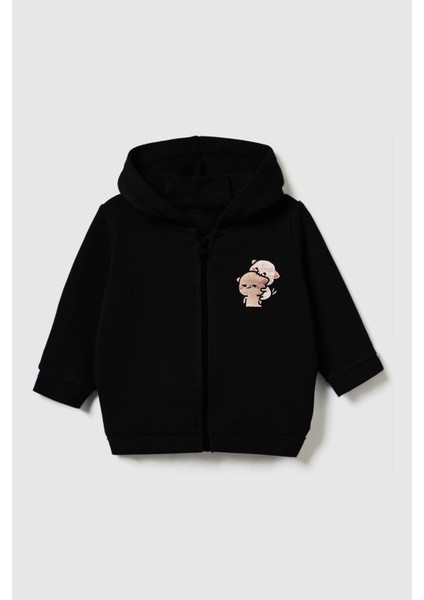 Unisex Çocuk %100 Pamuklu Kedi Nakışlı Kışlık Hırka -Siyah (3-4 Yaş 8-9 Yaş)