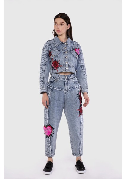 Mavi Nakış Detaylı Slouchy Jean Pantolon