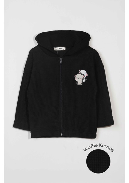 Unisex Çocuk %100 Pamuklu Kedi Nakışlı Kışlık Waffle Hırka -Siyah (3-4 Yaş 8-9 Yaş)