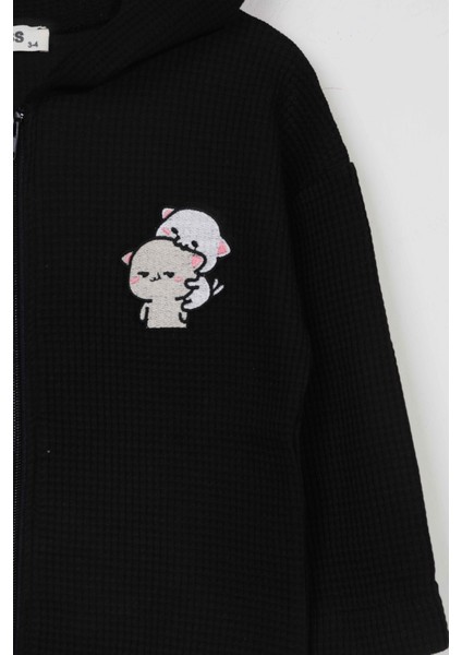Unisex Çocuk %100 Pamuklu Kedi Nakışlı Kışlık Waffle Hırka -Siyah (3-4 Yaş 8-9 Yaş) fiyatları