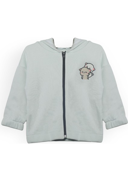 Unisex Çocuk %100 Pamuklu Kedi Nakışlı Kışlık Hırka -Mint (3-4 Yaş 8-9 Yaş)