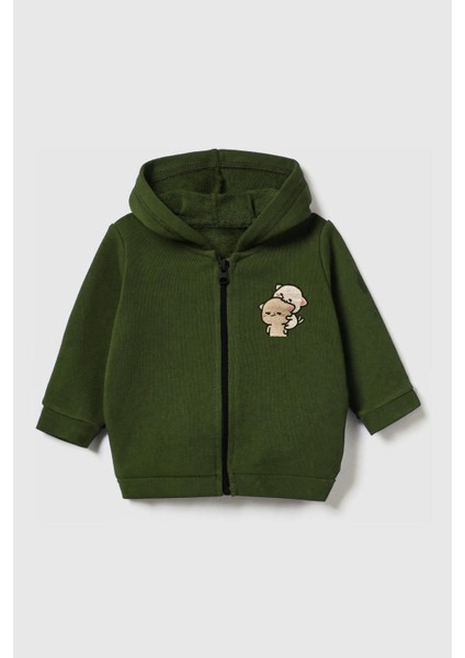 Unisex Çocuk %100 Pamuklu Kedi Nakışlı Kışlık Hırka -Haki (3-4 Yaş 8-9 Yaş)