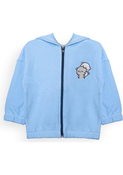 Unisex Çocuk %100 Pamuklu Kedi Nakışlı Kışlık Hırka -Açık Mavi (3-4 Yaş 8-9 Yaş)