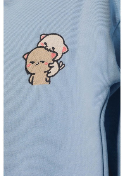 Unisex Çocuk %100 Pamuklu Kedi Nakışlı Kışlık Hırka -Açık Mavi (3-4 Yaş 8-9 Yaş) fiyatları