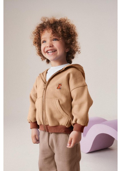 Unisex Çocuk Kedi Nakışlı Fermuarlı Kapüşonlu Hırka (2-3 Yaş - 7-8 Yaş)