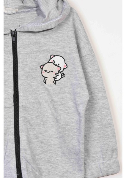 Unisex Çocuk %100 Pamuklu Kedi Nakışlı Kışlık Hırka -Gri (3-4 Yaş 8-9 Yaş) fiyatları