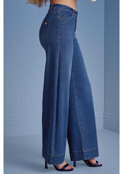 Geniş Paça Koyu Mavi Jean Pantolon