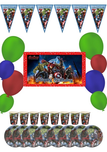 Avengers Bayraklı ve Afişli 8 Kişilik Doğum Günü Parti Malzemeleri Süsleri Seti