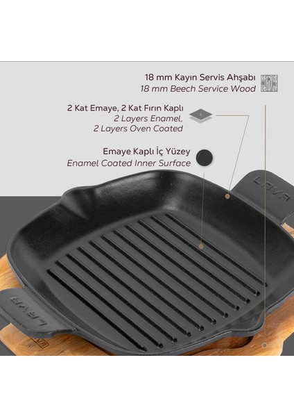 Döküm Izgara Tavası Kayın Servis Ahşabı Döküm Demir Yekpare Çift Kulplu Ölçü 26x26cm. fırsatları