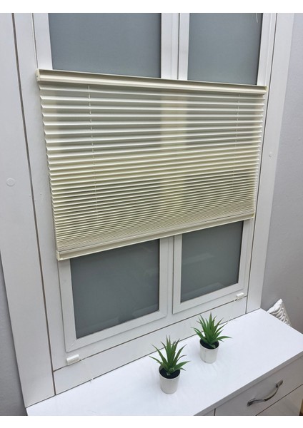 Açık Krem (Ekru) Katlanır Cam Balkon Perdesi-Ofis Perdesi-Ev Perdesi-Salon Perdesi-Plise Perde